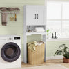 Over toilet space saver bathroom organizer in white with storage cabinet and open compartment for efficient space use.