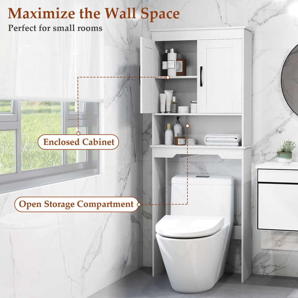 Over toilet bathroom organizer with storage cabinet, featuring open compartment and sleek design for small spaces.