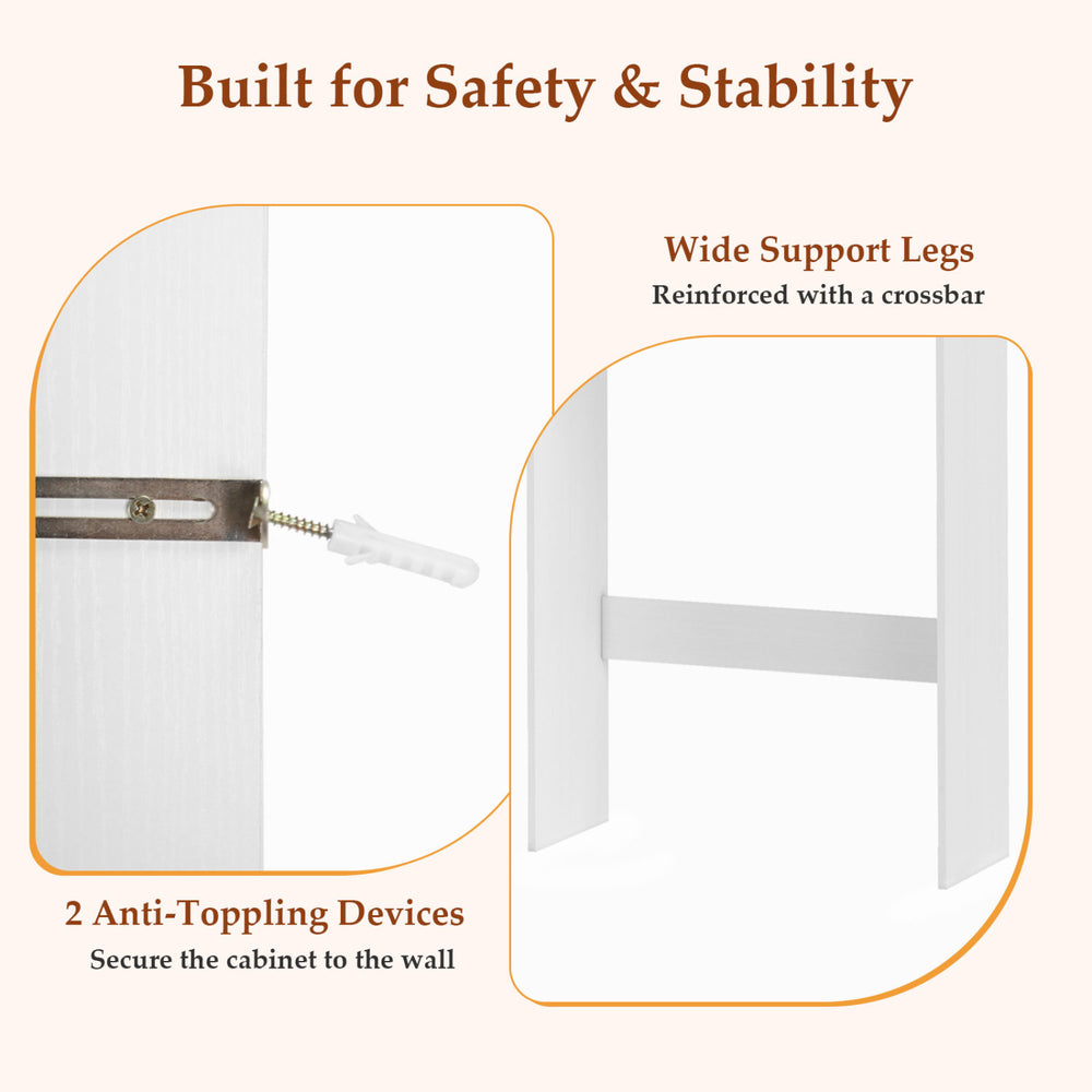 Over Toilet Space Saver with anti-toppling devices and wide support legs for enhanced stability and safety in small.