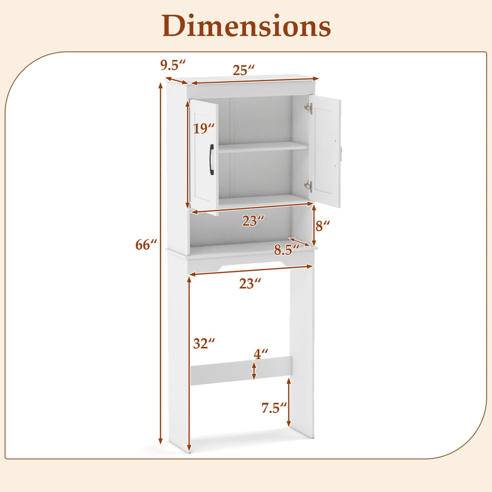 Dimensions of the Over Toilet Space Saver Bathroom Organizer, featuring a cabinet and adjustable shelf for efficient.