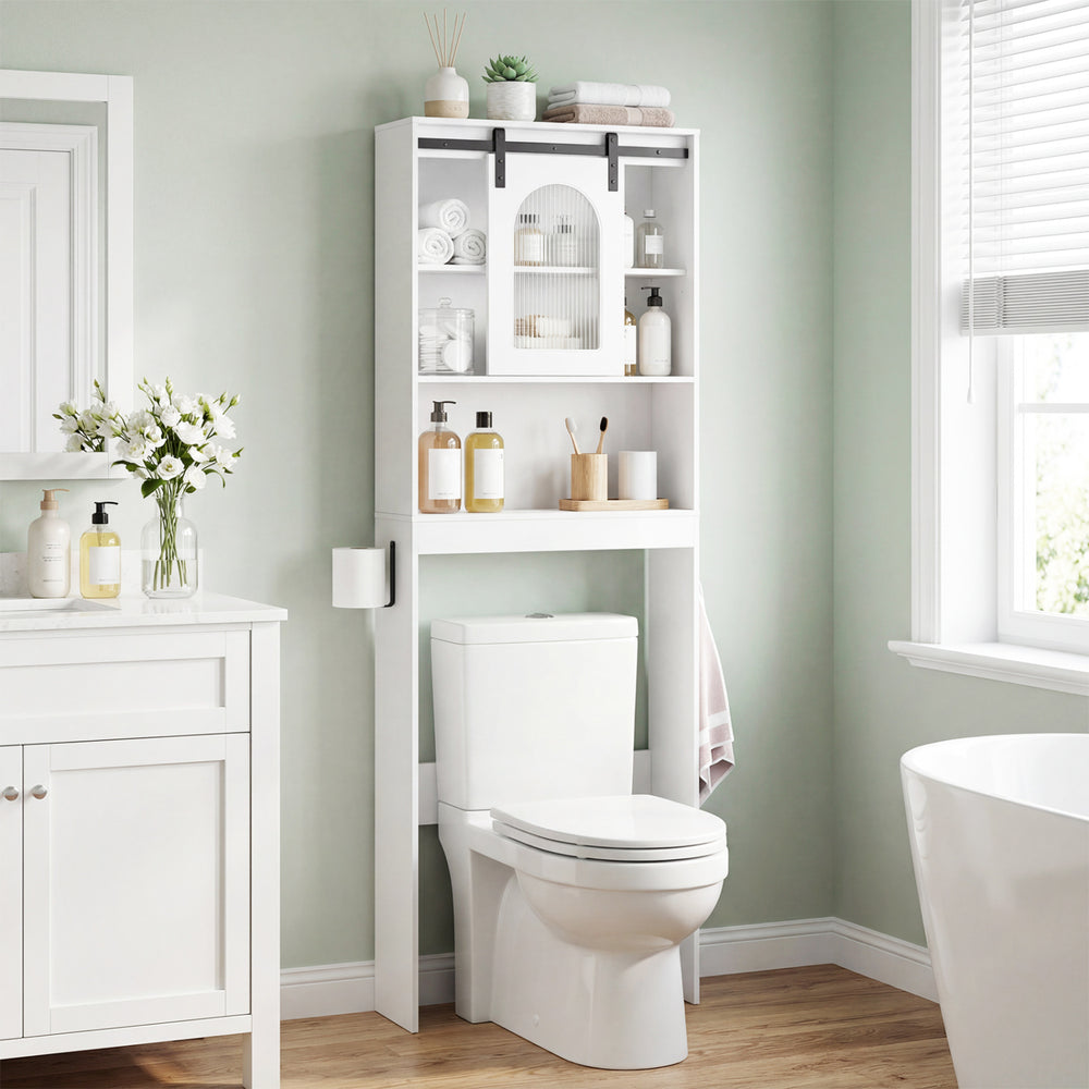 Over Toilet Storage Cabinet with Sliding Barn Door and Open Shelves for Bathroom-White - Gallery View 1 of 10
