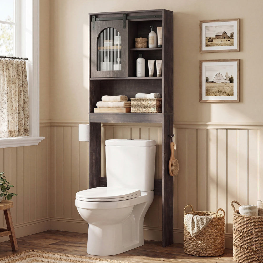 Over Toilet Storage Cabinet with Sliding Barn Door and Open Shelves for Bathroom-Oak - Gallery View 1 of 10