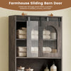 Over toilet storage cabinet with farmhouse sliding barn door, open shelves, and rustic oak finish for stylish bathroom.