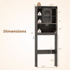 Over toilet storage cabinet with sliding barn door, open shelves, and dimensions for stylish bathroom organization.