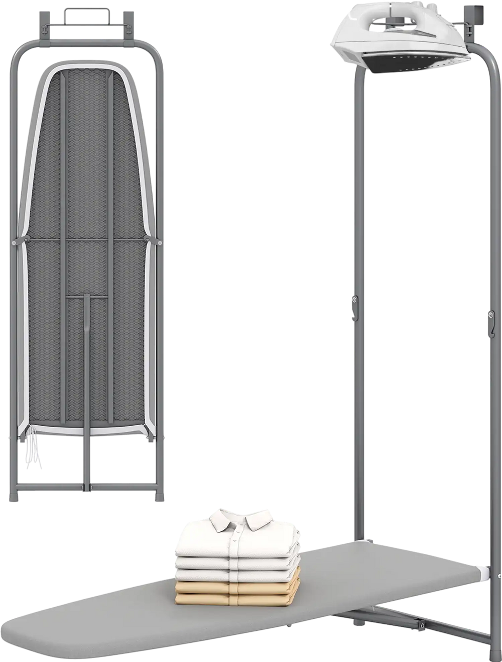 Space-saving gray over-the-door ironing board with metal frame, cotton cover, and built-in iron holder for easy storage.