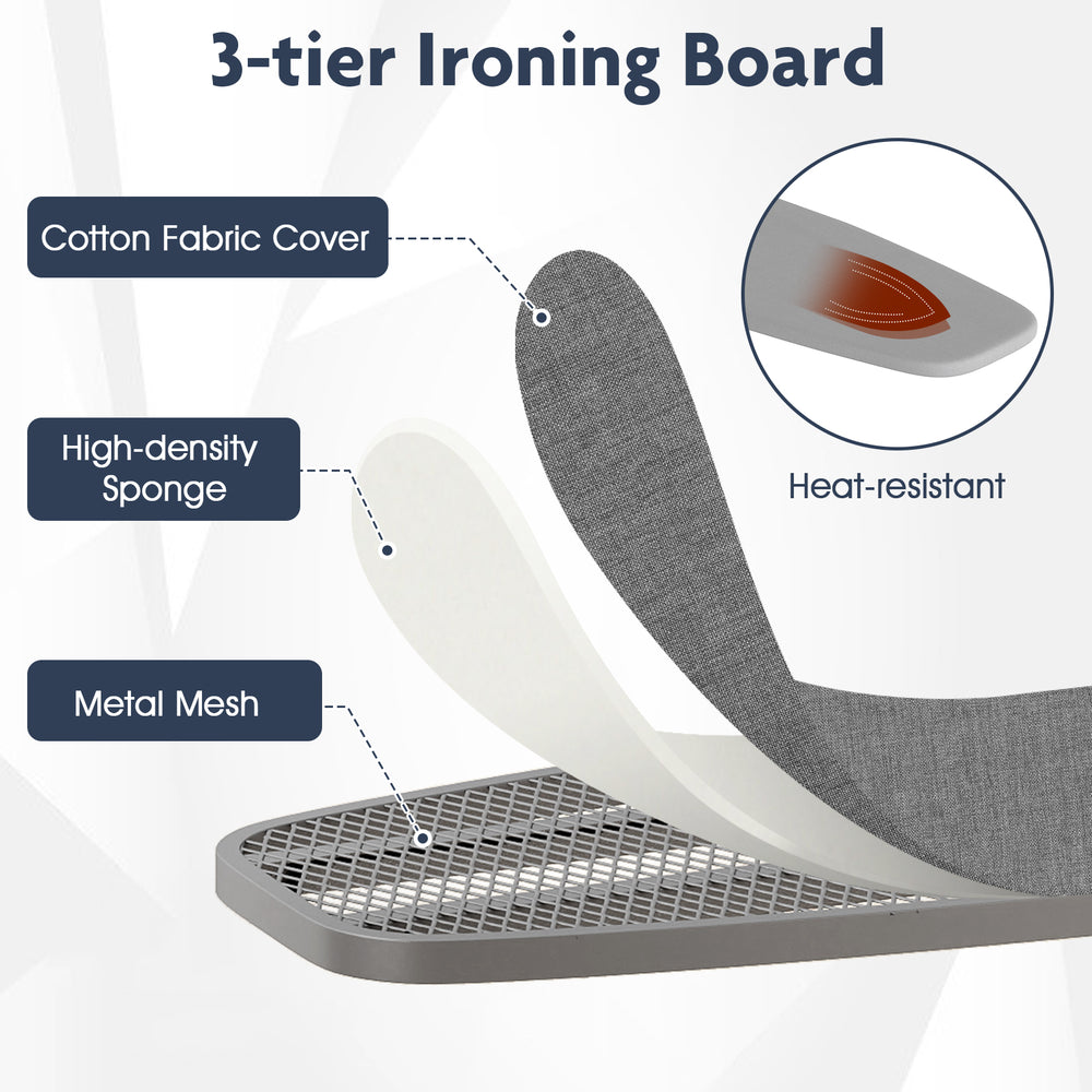 3-tier ironing board with heat-resistant cover, metal mesh base, and space-saving design for convenient storage.