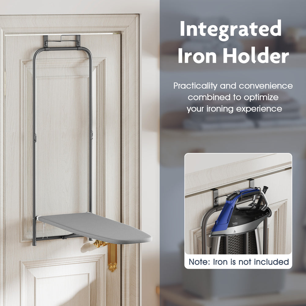 Over the door ironing board in gray with built-in iron holder, designed for space-saving and convenient storage.