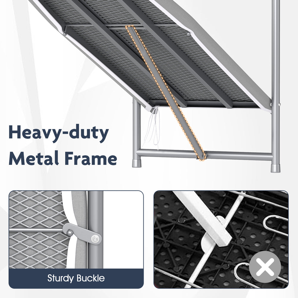 Heavy-duty metal frame of the space-saving gray ironing board with sturdy buckle for secure folding and stability.