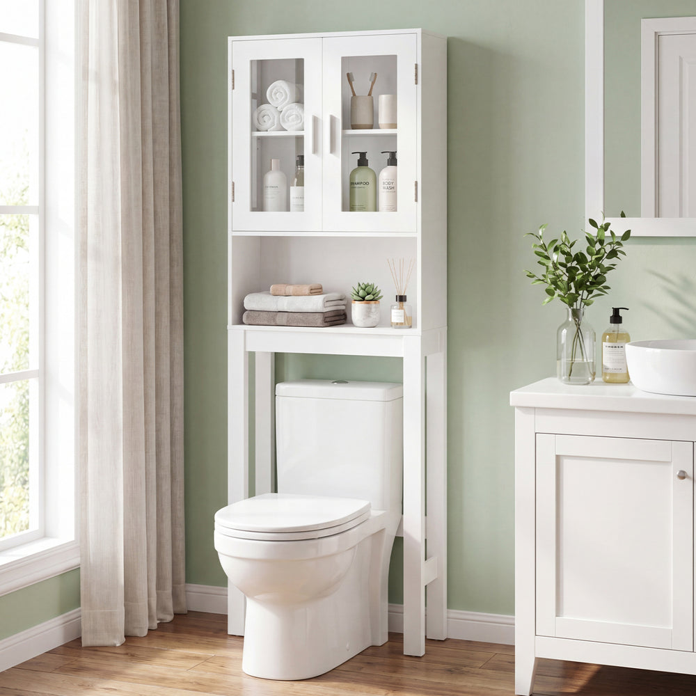 Over the toilet bathroom storage cabinet with adjustable shelf, featuring a modern design and ample storage space.
