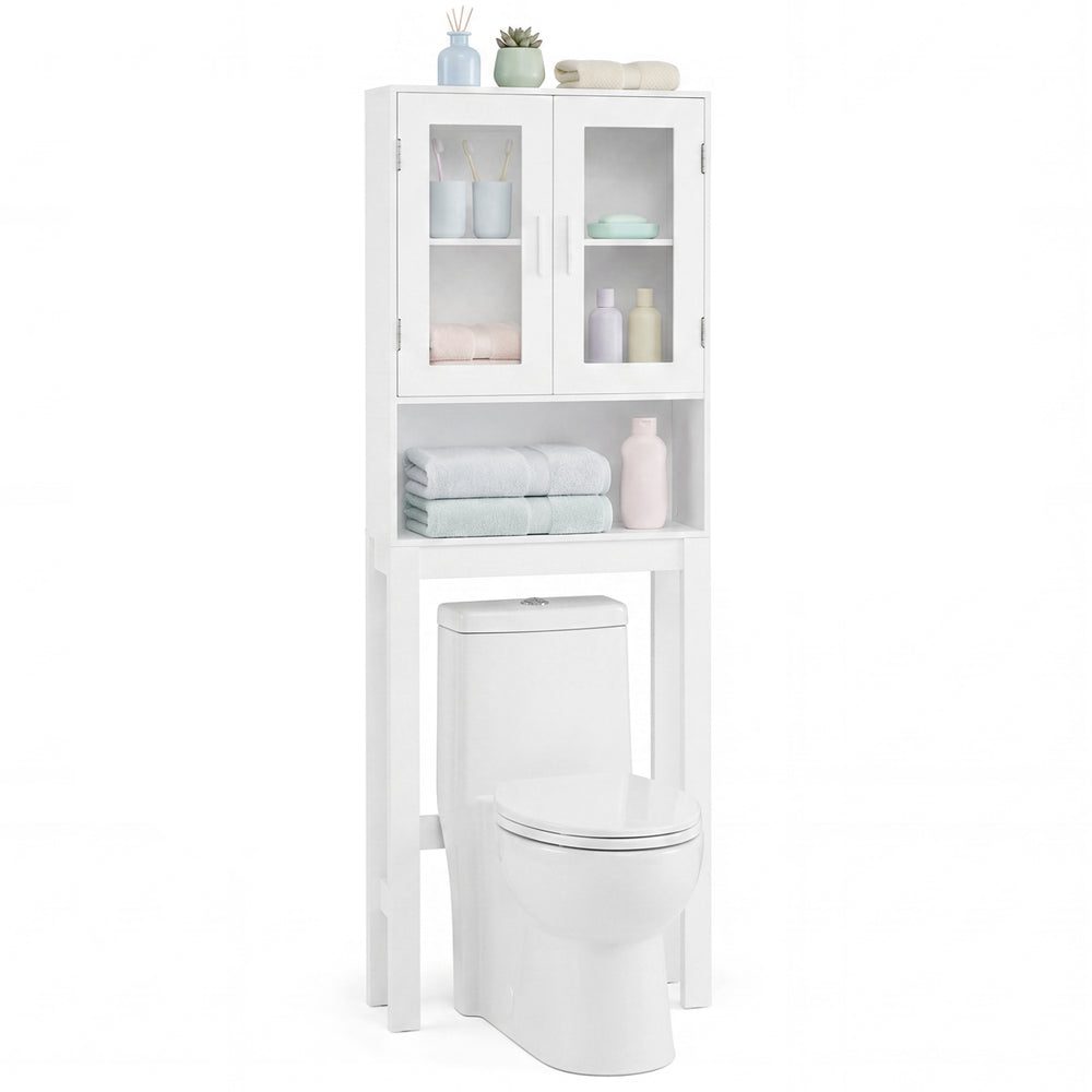 Over the toilet bathroom storage cabinet in white with adjustable shelf and two-door cabinet for efficient space-saving.