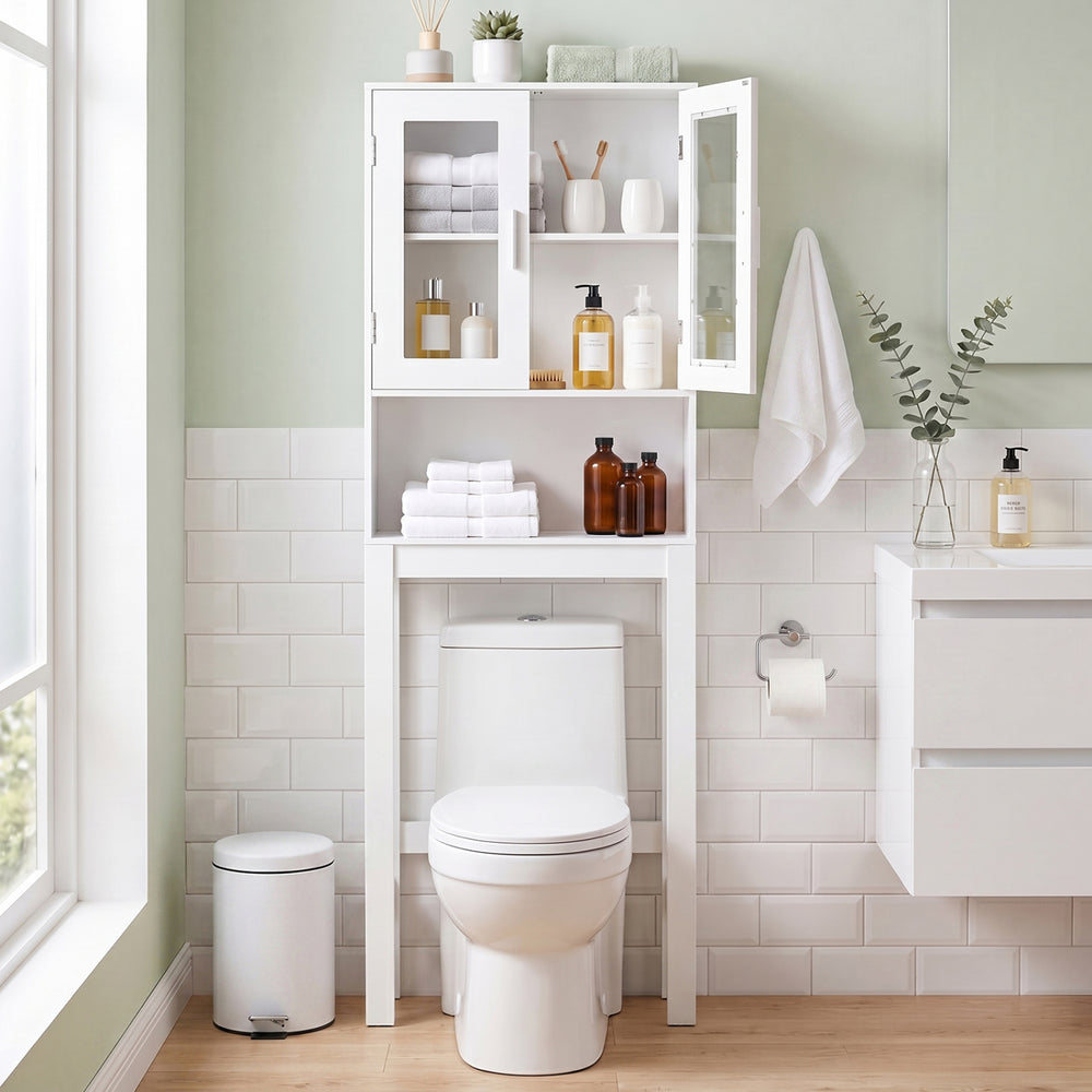 Over the toilet bathroom storage cabinet showcasing the adjustable shelf, ideal for maximizing vertical space in any.