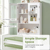 Over the toilet bathroom storage cabinet with adjustable shelf, featuring a see-through cabinet and open compartments.