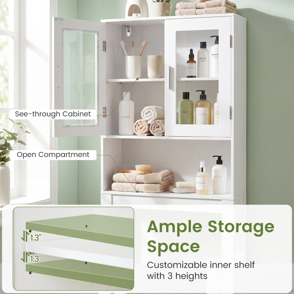 Over the toilet bathroom storage cabinet with adjustable shelf, featuring a see-through cabinet and open compartments.