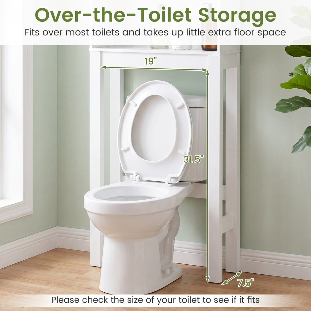 Over-the-toilet storage cabinet with adjustable shelf, featuring a modern design and large storage space for bathrooms.