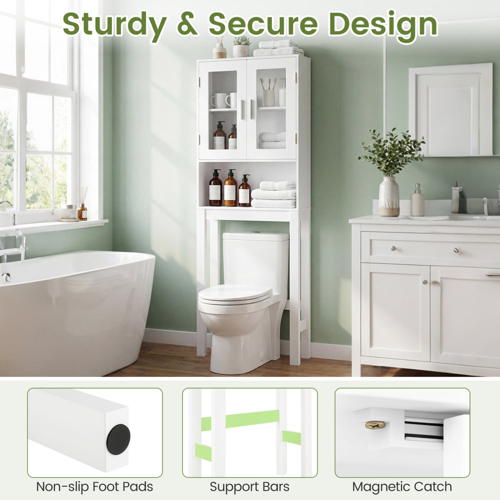 Over the toilet bathroom storage cabinet with adjustable shelf, featuring a modern design and large storage space.