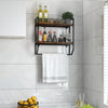 Wall-mounted over the toilet shelf with metal frame, featuring two open shelves and a towel bar for bathroom.