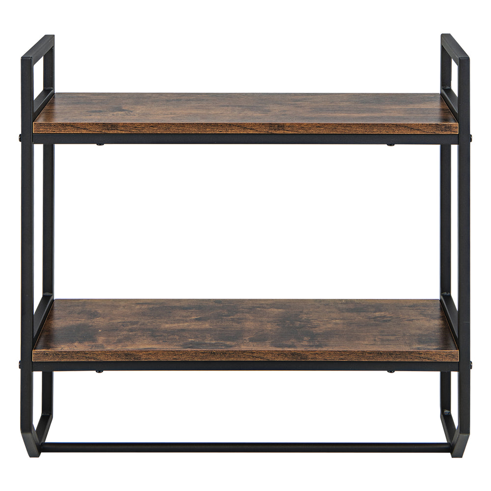 Wall-mounted bathroom shelf with metal frame, featuring two open storage shelves and a round towel bar for versatile.
