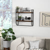 Wall-mounted bathroom shelf with metal frame, featuring two open storage shelves and a round towel bar for efficient.