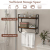Wall-mounted over the toilet shelf with 2-tier storage, metal frame, and towel rack for bathroom organization.