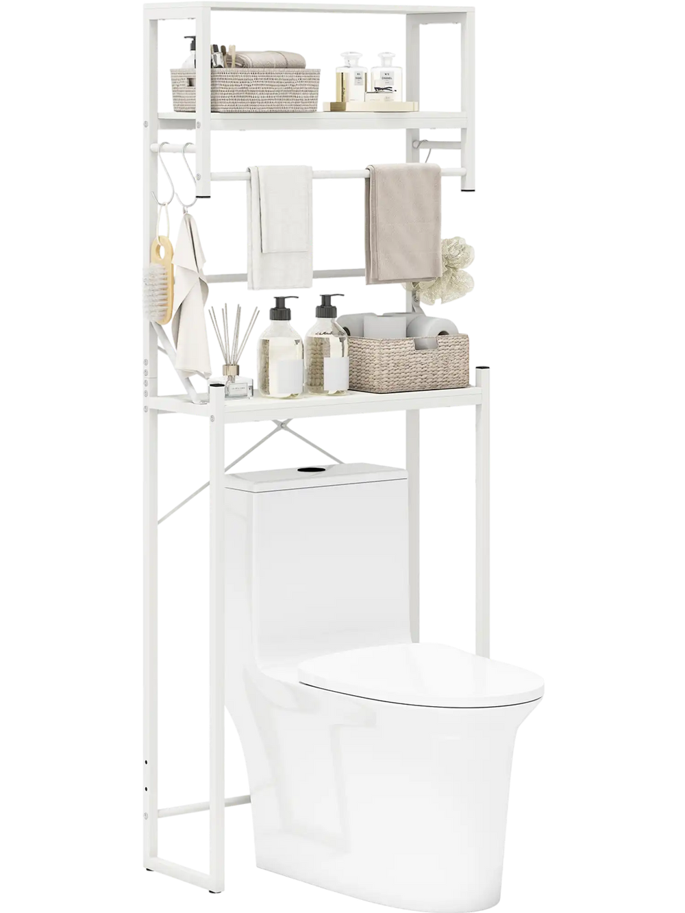 3-tier over the toilet storage rack in white with towel holder, hooks, and adjustable bottom bar for small bathroom.