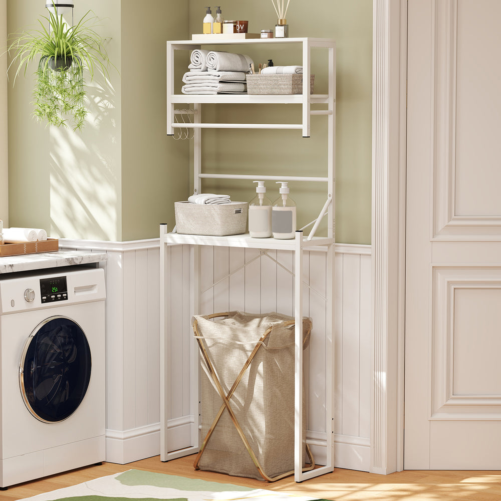3-tier white over the toilet storage rack with towel holder and hooks, ideal for small bathrooms and laundry rooms.