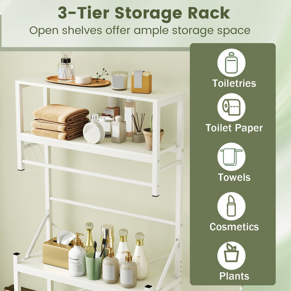 3-tier white storage rack with open shelves and towel holder, ideal for organizing toiletries and towels in small.