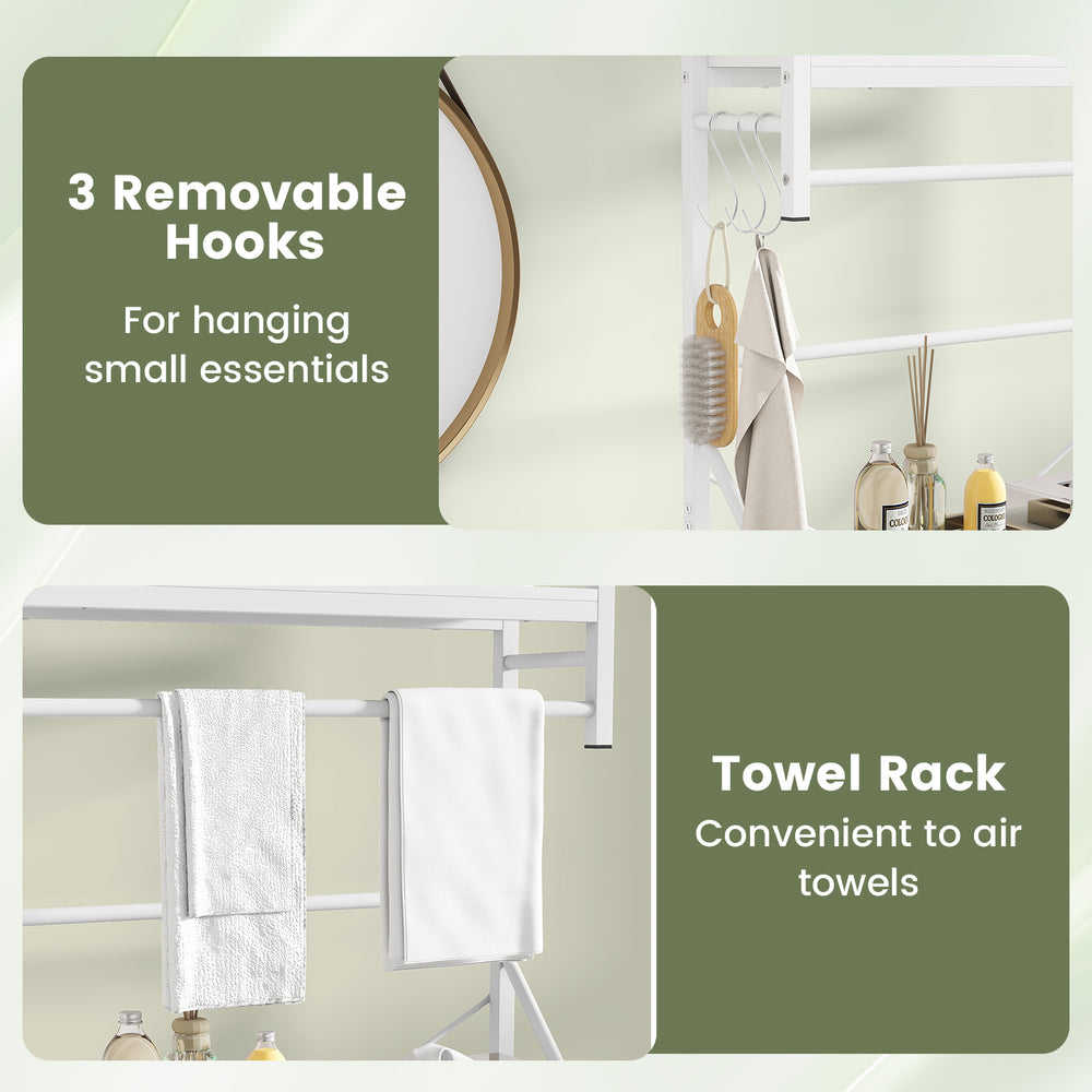 Over the toilet storage rack with 3 removable hooks and towel holder, ideal for small bathroom organization.