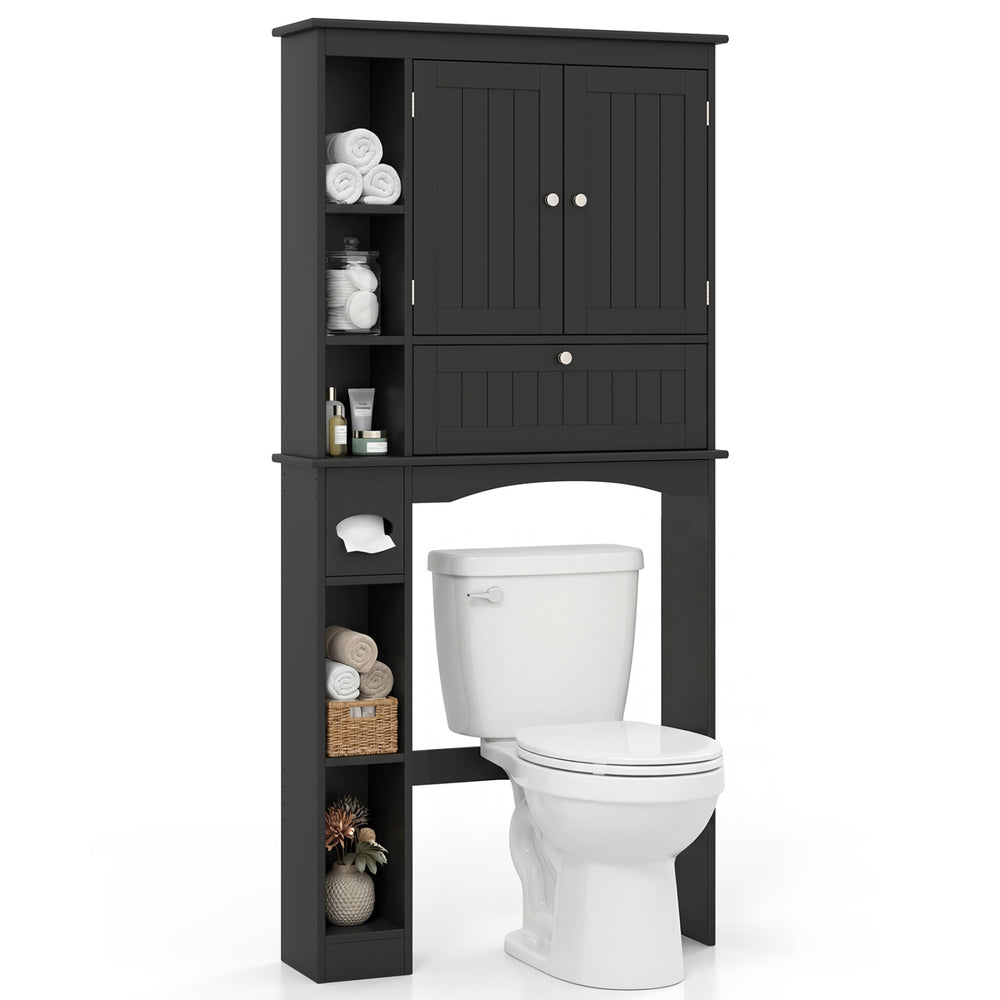 Over the toilet storage cabinet in black with adjustable shelf, featuring open and closed storage for bathroom.