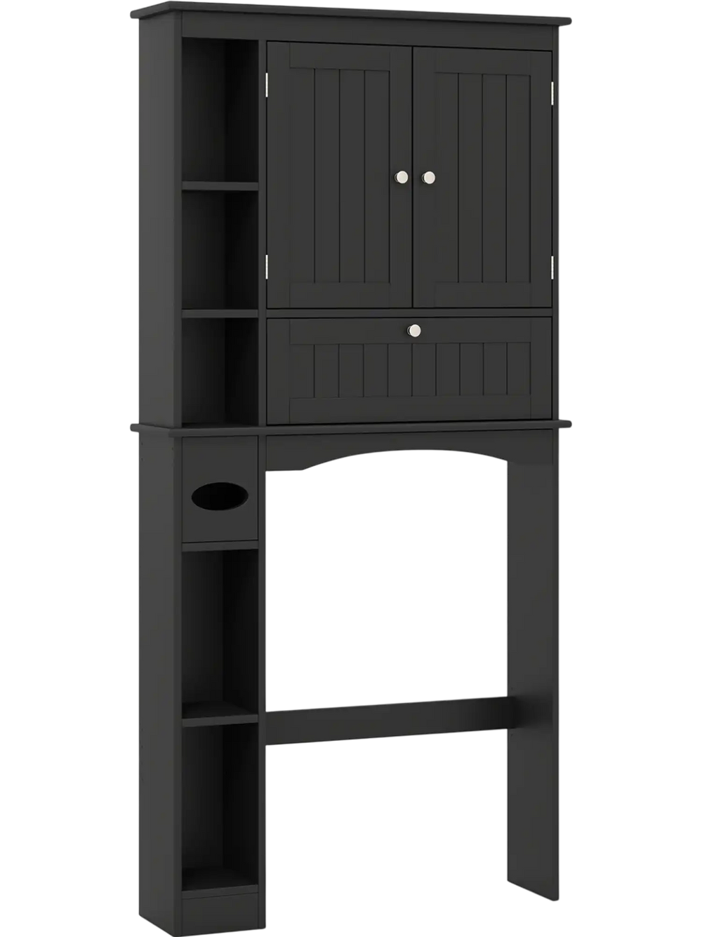 Over the toilet storage cabinet in black with adjustable shelf, featuring two doors and open side shelves for.