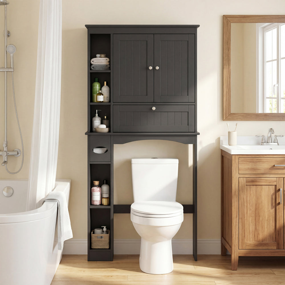 Over the toilet storage cabinet in black with adjustable shelf and bottom bar, ideal for bathroom organization.