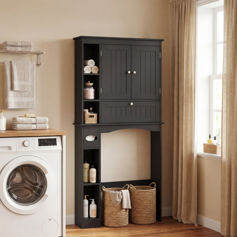 Black over the toilet storage cabinet featuring adjustable shelf and bottom bar, ideal for bathroom organization.
