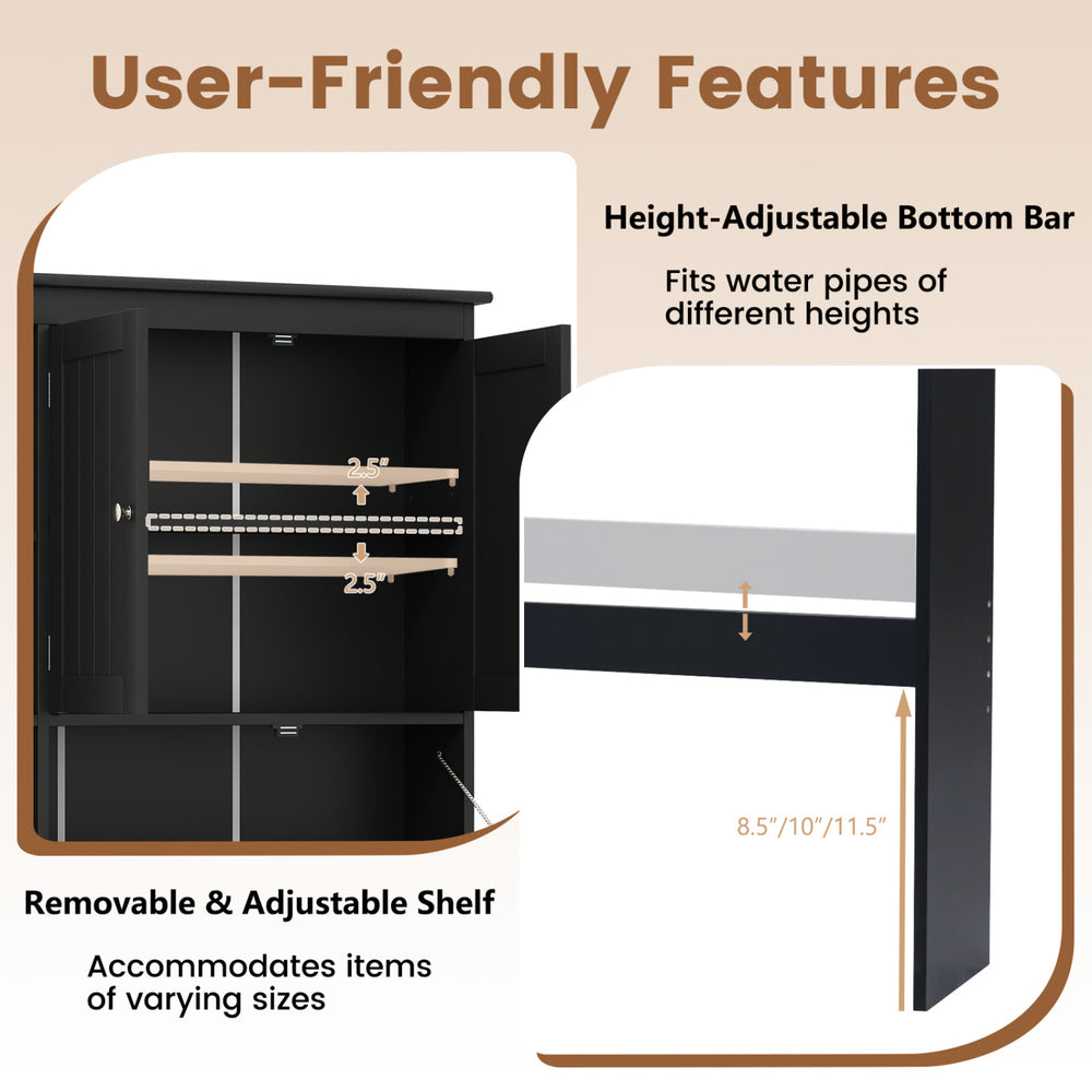 Over the toilet storage cabinet in black featuring an adjustable shelf and height-adjustable bottom bar for versatile.