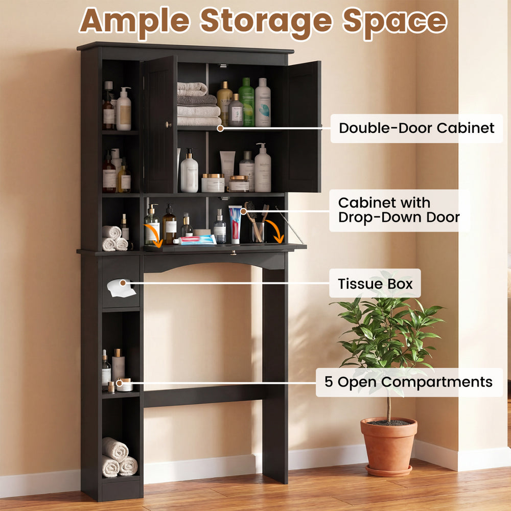 Over the toilet storage cabinet in black featuring double-door cabinet, adjustable shelf, and five open compartments.