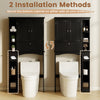 Over the toilet storage cabinet in black with adjustable shelf, showcasing two installation methods for versatile use.