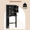 Over the toilet storage cabinet in black with adjustable shelf, dimensions shown for optimal space utilization.