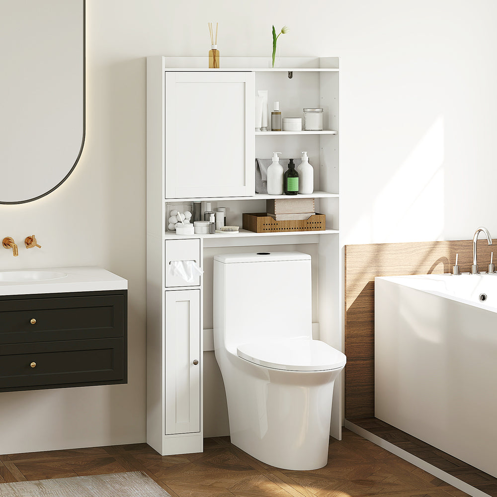 Over-the-toilet storage cabinet in white showcasing a top shelf, open shelves, and a toilet paper holder for efficient.