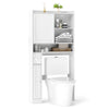 Over-the-toilet storage cabinet in white with sliding door, adjustable shelves, and toilet paper holder for.