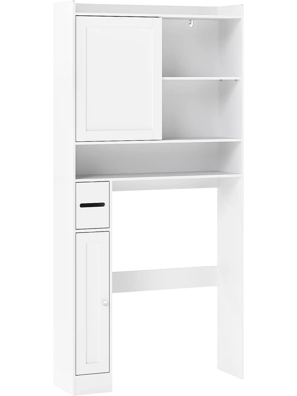 Over-the-toilet storage cabinet in white with sliding door, adjustable shelves, and toilet paper holder for versatile.