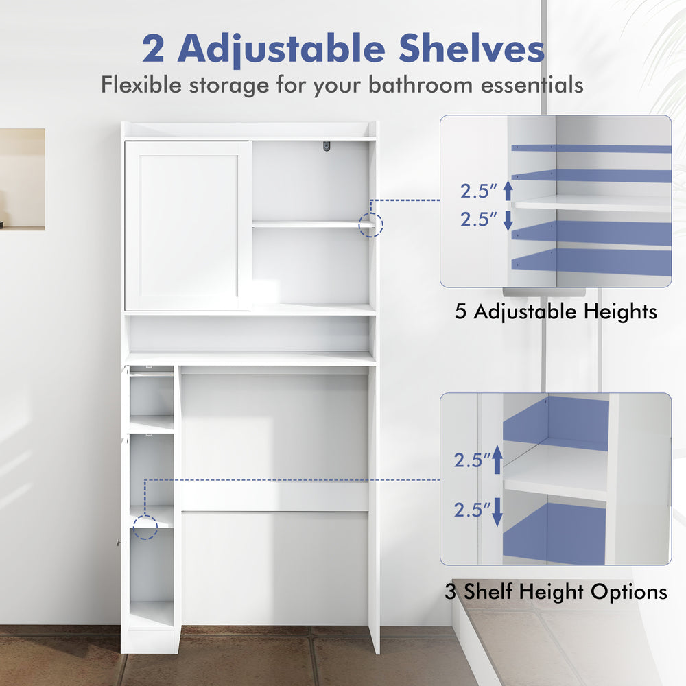 Over-the-toilet storage cabinet in white with adjustable shelves and sliding door for versatile bathroom organization.
