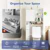Over-the-toilet storage cabinet in white with sliding door, featuring adjustable shelves and toilet paper holder for.