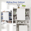 Sliding door cabinet in white with open shelves and enclosed storage for versatile bathroom organization.