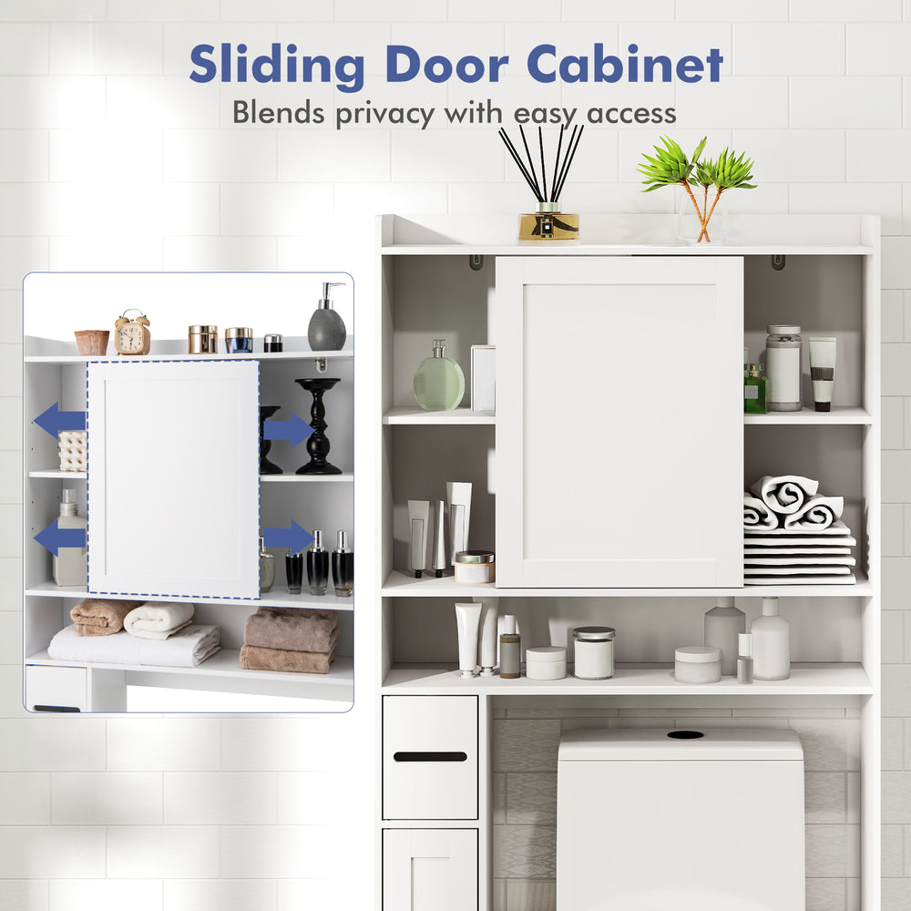 Sliding door cabinet in white with open shelves and enclosed storage for versatile bathroom organization.