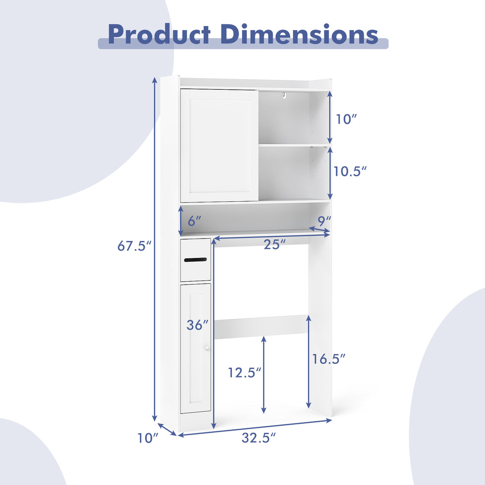 Over-the-toilet storage cabinet dimensions with adjustable shelves, sliding door, and toilet paper holder for.