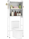 Over-the-toilet cabinet in white with flip-up doors, hooks, and adjustable feet for efficient bathroom storage.