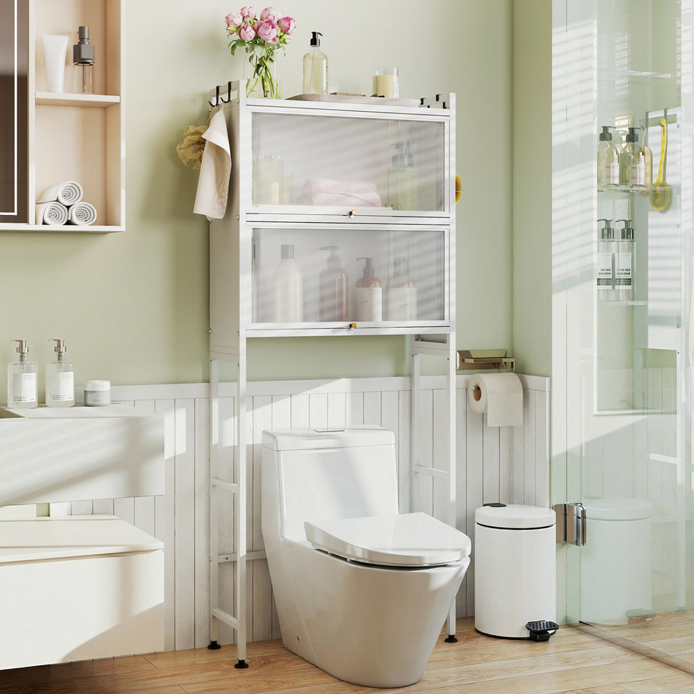 Over-the-toilet Cabinet Bathroom Organizer with 2 Flip-up Cabinets-White - Gallery View 1 of 10