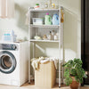 Over-the-toilet cabinet organizer in white with flip-up doors and hooks, ideal for maximizing bathroom storage space.