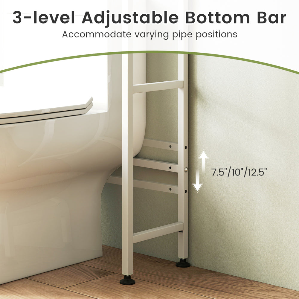 3-level adjustable bottom bar for Over-the-toilet Cabinet, accommodating varying pipe positions in a bathroom setting.