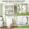 Over-the-toilet cabinet in white with flip-up doors, ample space underneath, and hooks for towels and tools.
