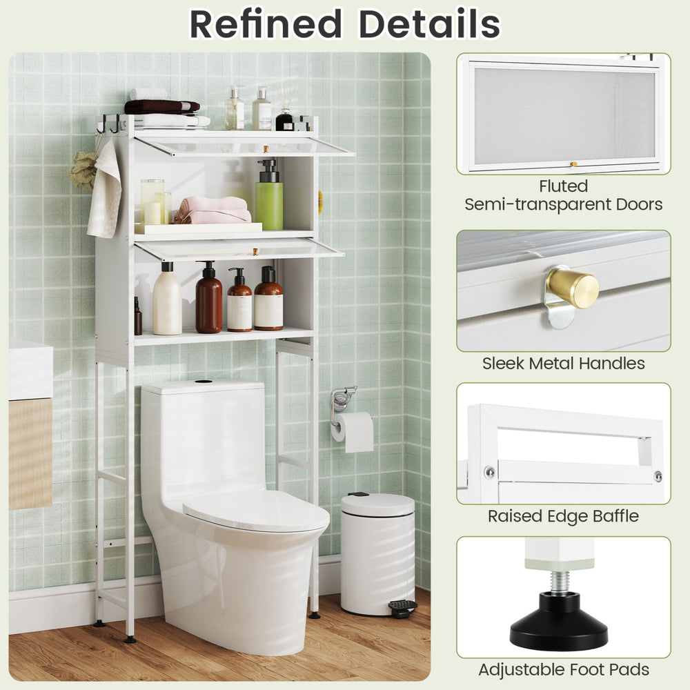 Over-the-toilet cabinet organizer in white with flip-up cabinets, hooks, and adjustable foot pads for smart bathroom.