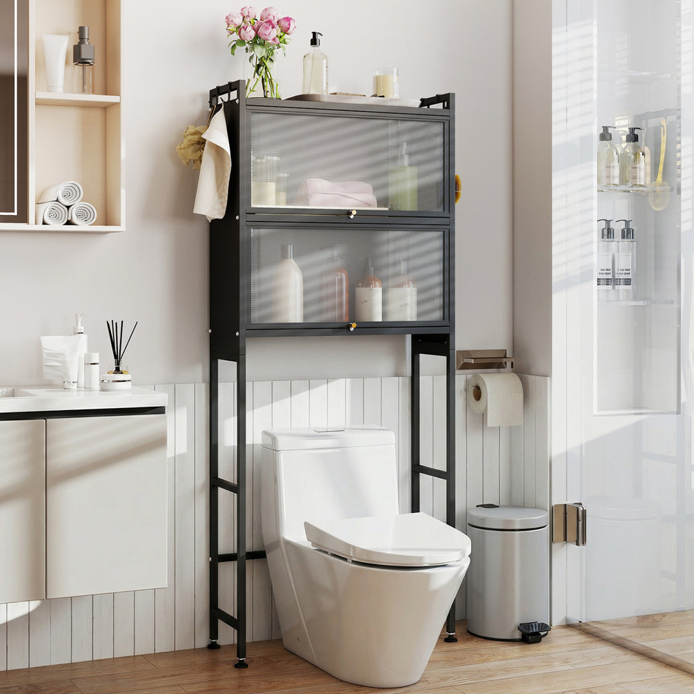 Over-the-toilet Cabinet Bathroom Organizer with 2 Flip-up Cabinets-Black - Gallery View 1 of 10